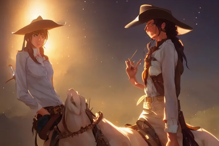 Image similar to cowgirl western girlfriend, scenic full shot, ambient lighting, detailed face, by makoto shinkai, stanley artgerm lau, wlop, rossdraws