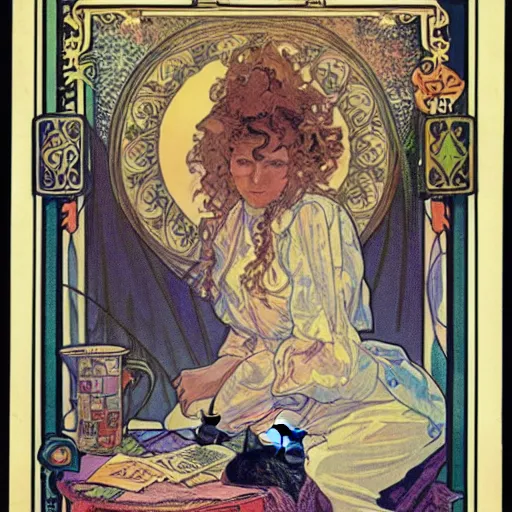 Prompt: Caucasian fortune teller lady with curly hair, a spread of tarot cards on a table, cats on her side, in a colorful tent, Alphonse Mucha poster ,