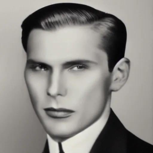 Image similar to A photograph portrait of Jerma985 wearing a suit with short slicked hair in the early 1930s, taken in the early 1930s, grainy, taken on a early 1930s Kodak Camera, realistic, hyperrealistic, very realistic, highly detailed, very detailed, extremely detailed, detailed, digital art, trending on artstation