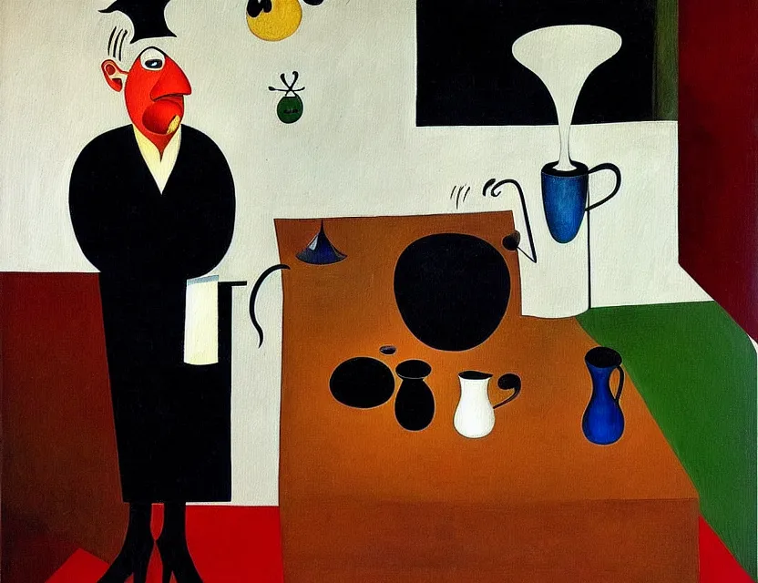 Prompt: a painting of a old and strange dusty professor in black suite making a study of drinking 1 0 cups of black coffee in a kitchen that is slowly melting, styled and painted by joan miro and giorgio de chirico