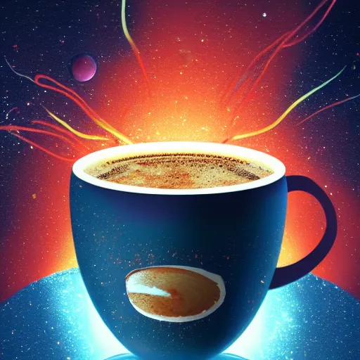 Prompt: a cosmic explosion inside a cup of coffee, digital art, trending on artstation