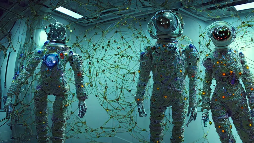 Image similar to a cybernetic symbiosis of a single astronaut mech-organic eva suit made of pearlescent wearing knitted shiny ceramic multi colored yarn thread infected with diamond 3d fractal lace iridescent bubble 3d skin dotted covered with orb stalks of insectoid compound eye camera lenses floats through the living room, film still from the movie directed by Denis Villeneuve with art direction by Salvador Dalí, wide lens,kevlar,carbon fiber,ceramics,gaseous materials,