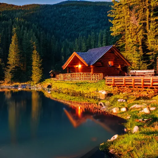 Image similar to DSLR still of a beautiful mountainside river with a pier and a log cabin at sunrise, 4k