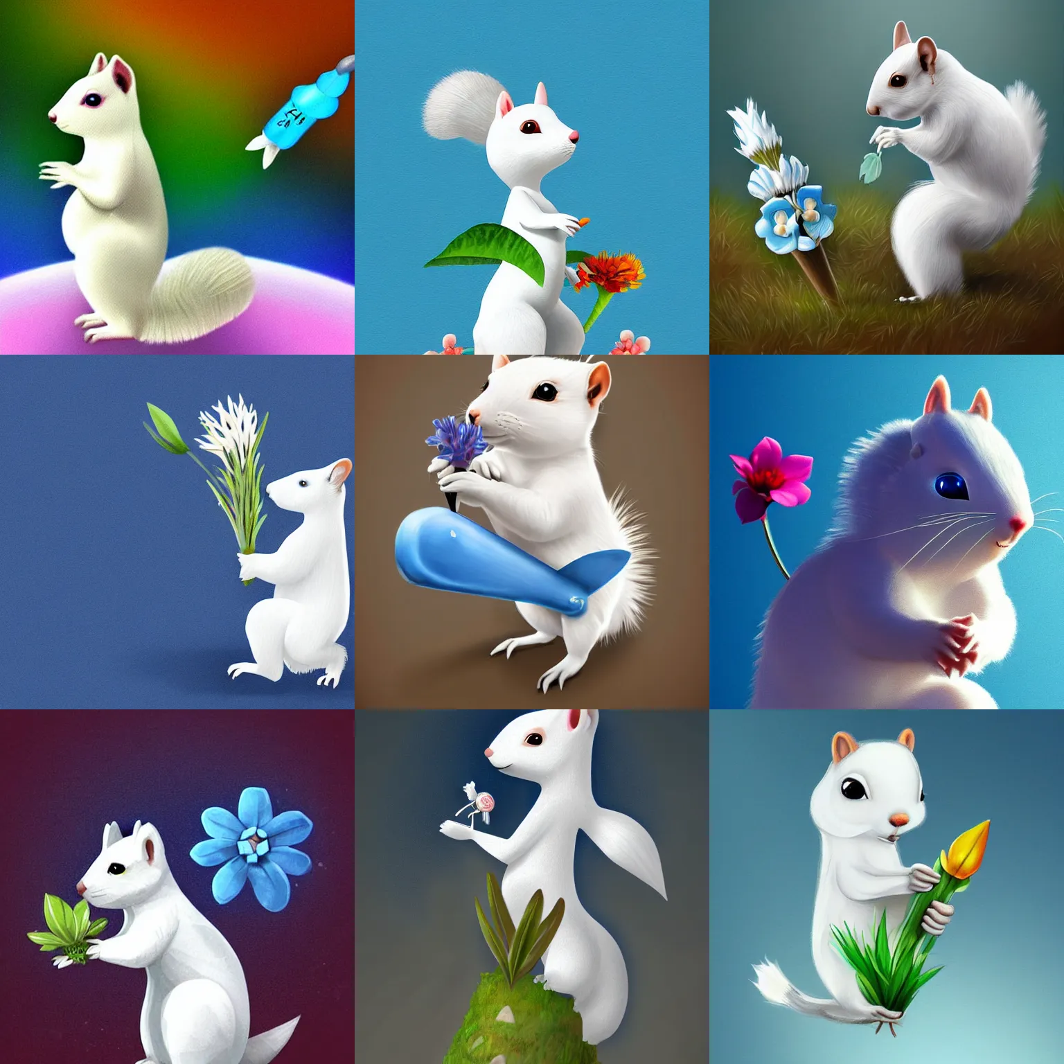 Prompt: A white squirrel riding a rocket with a blue flower in his hands trending on Artstation , digital art