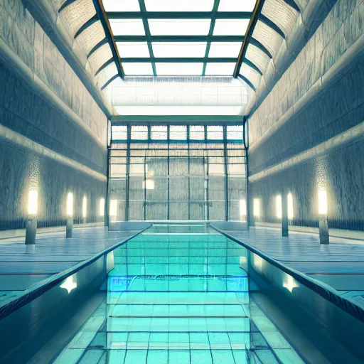Prompt: liminal space of a huge indoor complicated infinite pool, ambient lighting, 3 d render, highly detailed, tiles, clean, 8 k, cinematic, backrooms, photorealistic