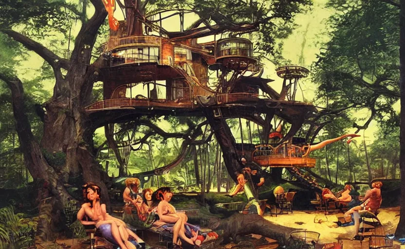 Prompt: a scene of futuristic treehouse lounge by water. highly detailed science fiction painting by norman rockwell, frank frazetta, and syd mead. rich colors, high contrast, gloomy atmosphere, dark background. trending on artstation