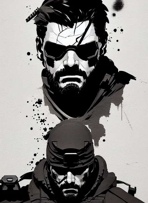 Image similar to highly detailed closeup of a moody solid snake mgs in codek by atey ghailan, by greg rutkowski, by greg tocchini, by james gilleard, by joe fenton, by kaethe butcher, by yoji shinkawa, gradient blue, black, brown and white color scheme muted tones, grunge aesthetic!!! white graffiti tag wall background