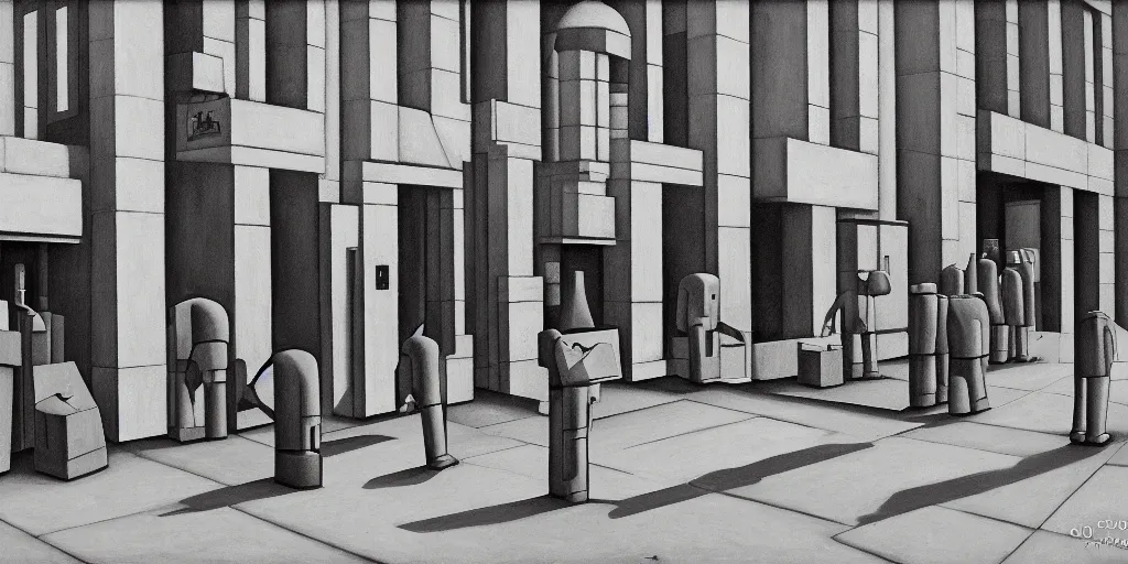 Prompt: red robots queue up in a stark grayscale brutalist town, street elevation, grant wood, pj crook, edward hopper, oil on canvas