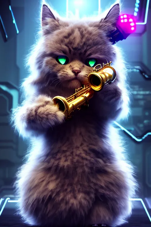 Image similar to high quality 3 d render very cute fluffy cyborg!! cat plays trumpet, cyberpunk highly detailed, unreal engine cinematic smooth, in the style of blade runner & detective pikachu, hannah yata charlie immer, moody light, low angle, uhd 8 k, sharp focus