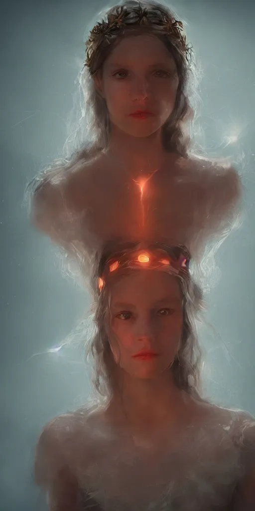 Image similar to cinematic portrait of a young girl in crown, goddess of endless transgression of life and death in paradise, photorealism concept art trending on artstation, glowing light 8 k