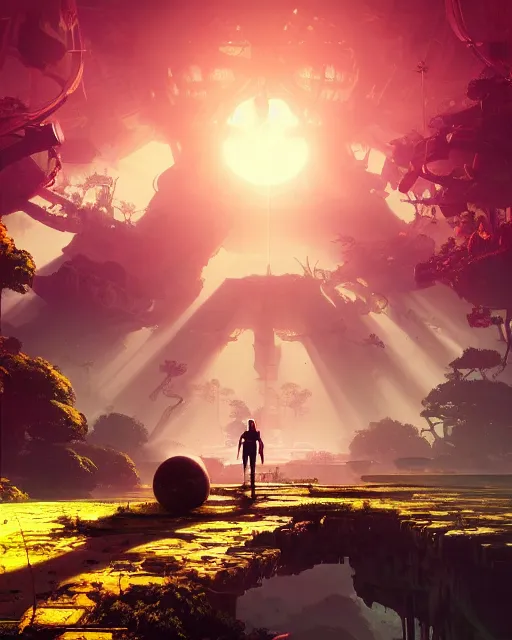 Image similar to beautiful landscape, nier automata, protoss temple!!!, machine planet, pink sun, tropical forest, colorful light, advanced technology, cinematic lighting, highly detailed, masterpiece, art by bastien grivet and darwin cellis and jan urschel