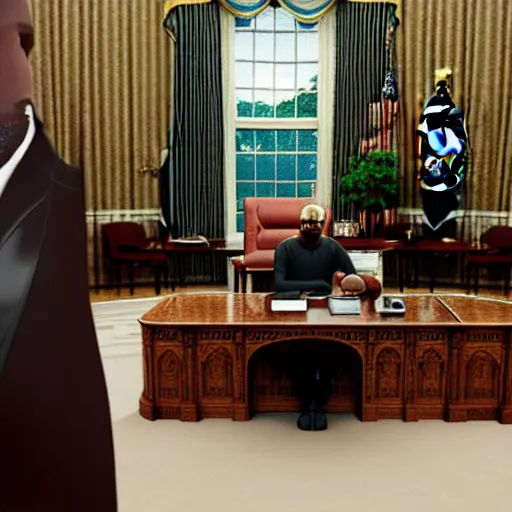 Image similar to photo of kanye west in the oval office, white house, movie still, cinematic, 8 k, unreal engine, 3 d render