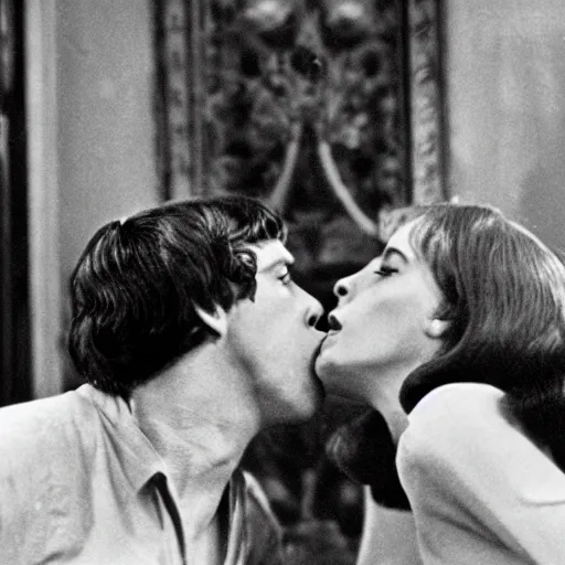 Prompt: Classic film still of a passionate kiss between two lovers, art-house aesthetic, Palme d'Or winner, 1960s