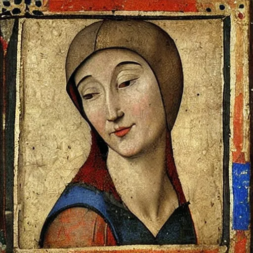 Image similar to portrait of a young woman with a happy face in 1342 by Italian late medieval painter Ambrogio Lorenzetti