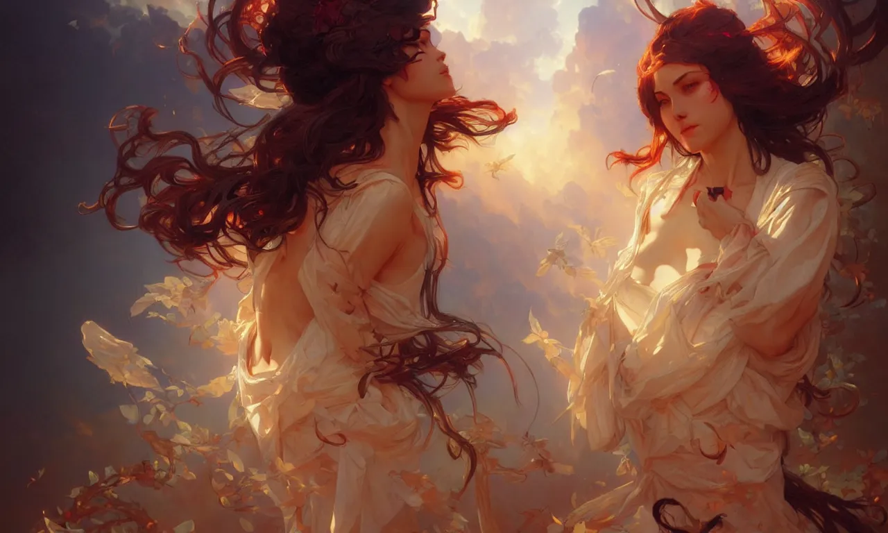 Image similar to Between heaven and hell, highly detailed, digital painting, artstation, concept art, smooth, sharp focus, illustration, art by artgerm and greg rutkowski and alphonse mucha