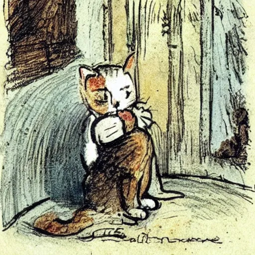 Image similar to Edward Ardizzone illustration of a cute cat