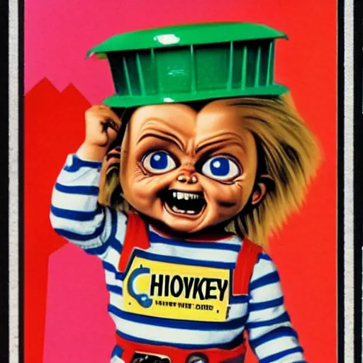Prompt: chucky as a garbage pail kids card, product image, 1 9 8 0 s