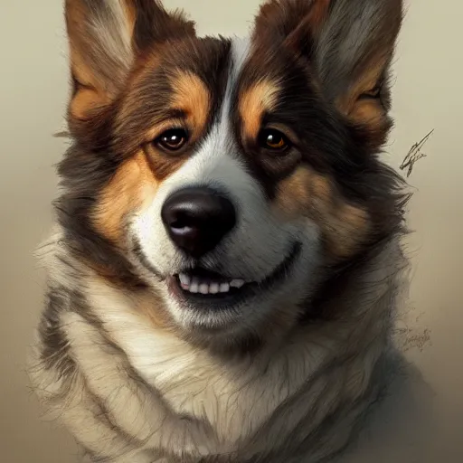 Image similar to portrait of a young, ruggedly handsome corgi, soft hair, muscular, half body, cloth, hairy, d & d, fantasy, intricate, elegant, highly detailed, digital painting, artstation, concept art, smooth, sharp focus, illustration, art by artgerm and greg rutkowski and alphonse mucha