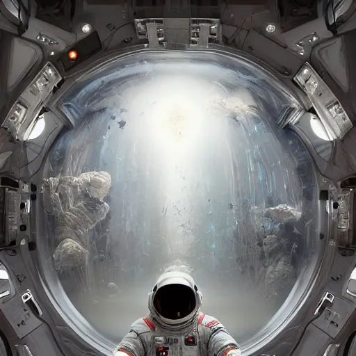 Image similar to concept art by craig mullins astronaut in futuristic dark and empty spaceship in infrared complex and hyperdetailed technical suit. mandelbulb fractal. reflection and dispersion materials. rays and dispersion of light. volumetric light. 5 0 mm, f / 3 2. noise film photo. flash photography. unreal engine 4, octane render. interstellar movie art