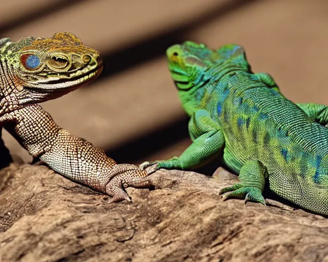 Image similar to humanoid lizard sunbathing, relaxed reptile basking in the sun, reptilian humanoid with a slight smile of contentment.