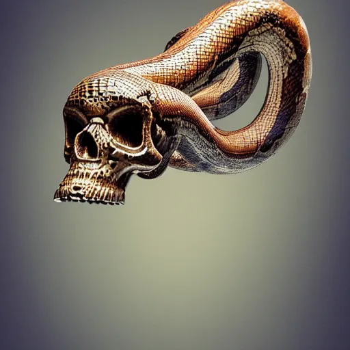 Image similar to Giant stoic snake with a metallic skull as its head, 8k, detailed, concept art, trending on artstation