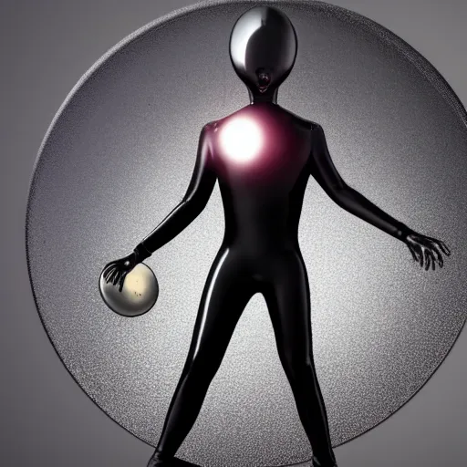 Image similar to a grey alien with large black eyes wearing tight black latex suit, standing next to a silver disk flying saucer, realistic picture, 8 k