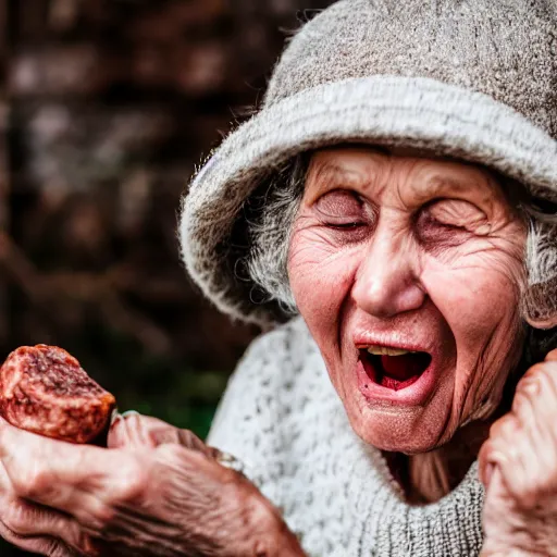 Image similar to elderly woman screaming at a sausage, canon eos r 3, f / 1. 4, iso 2 0 0, 1 / 1 6 0 s, 8 k, raw, unedited, symmetrical balance, wide angle