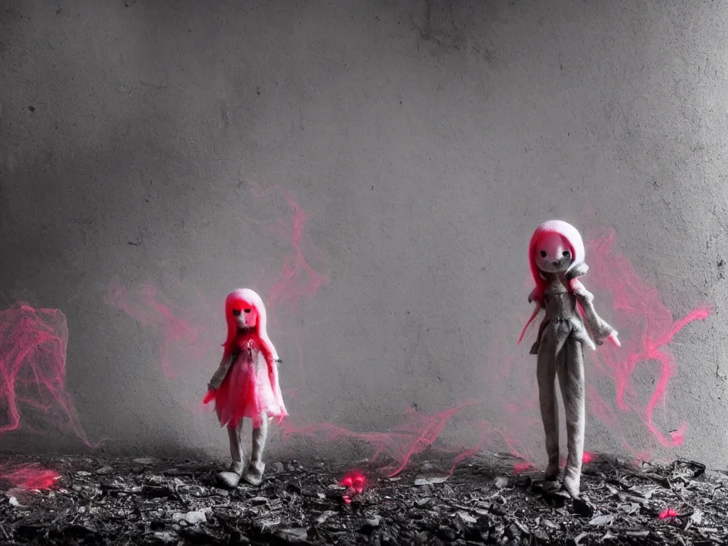 Prompt: cute fumo plush girl ghost lingering in a mysterious concrete wartorn brutalist ruin infected by strands of red parasitic fungus, chibi gothic maiden in tattered rags, dramatic three point lighting, glowing wisps of hazy red smoke and eerie volumetric fog swirling about, vray