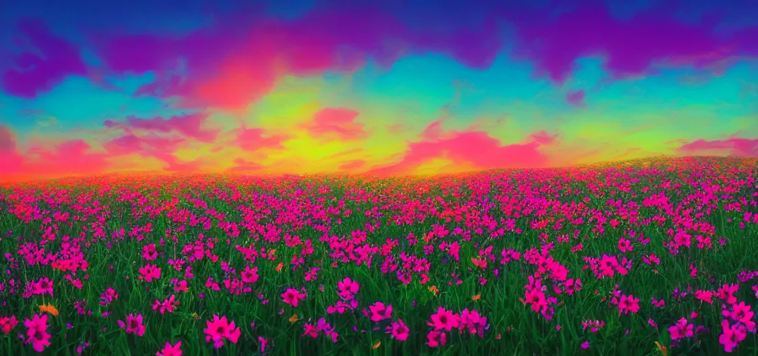 Image similar to an impossible field of beautiful neon colored flowers with a beautiful sunset, vaporwave