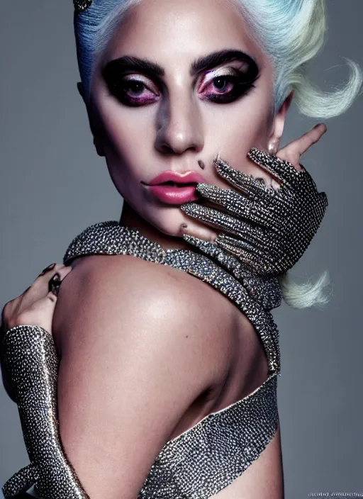 Image similar to lady gaga styled by nick knight posing, full body shot, vogue magazine, canon, highly realistic. high resolution. highly detailed. dramatic. 8 k. 4 k.