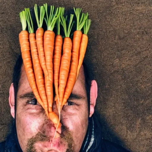 Prompt: photo of a man with carrots sticking out of eyes