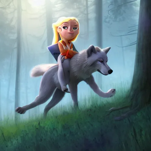 Image similar to young seven year old girl, blond hair green eyes, riding a gray wolf, in a dark forest, mysterious, backlit, beautiful still from a pixar disney movie, trending on artstation