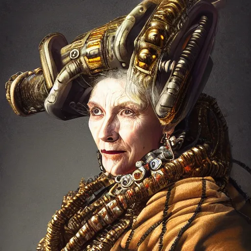 Image similar to portrait, headshot, digital painting, of a old 17th century, old cyborg female merchant, amber jewels, baroque, ornate clothing, scifi, realistic, hyperdetailed, chiaroscuro, concept art, art by Franz Hals and Jon Foster