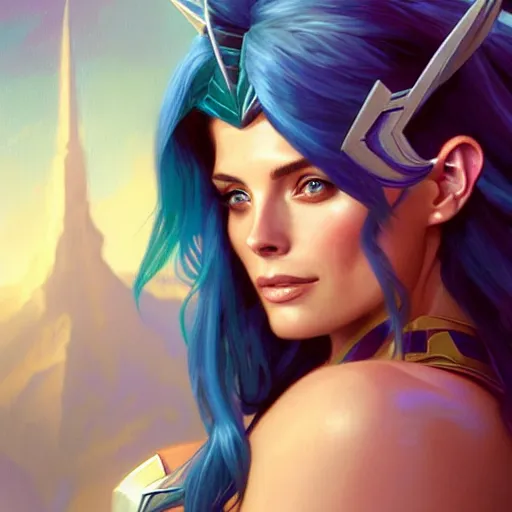 Image similar to Ashley Greene with blue hair as She-Ra, western, D&D, fantasy, intricate, elegant, highly detailed, digital painting, artstation, concept art, matte, sharp focus, illustration, art by Artgerm and Greg Rutkowski and Alphonse Mucha