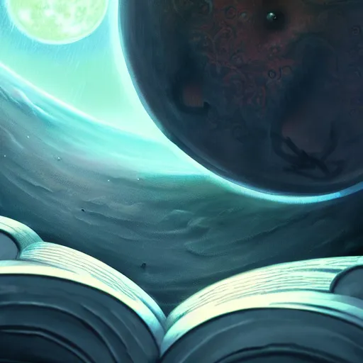 Image similar to close - up of an ancient book bon the moon, concept art, sci - fi illustration, painting, realistic, global illumination, radiant light, detailed and intricate environment, 8 k, h 6 4 0