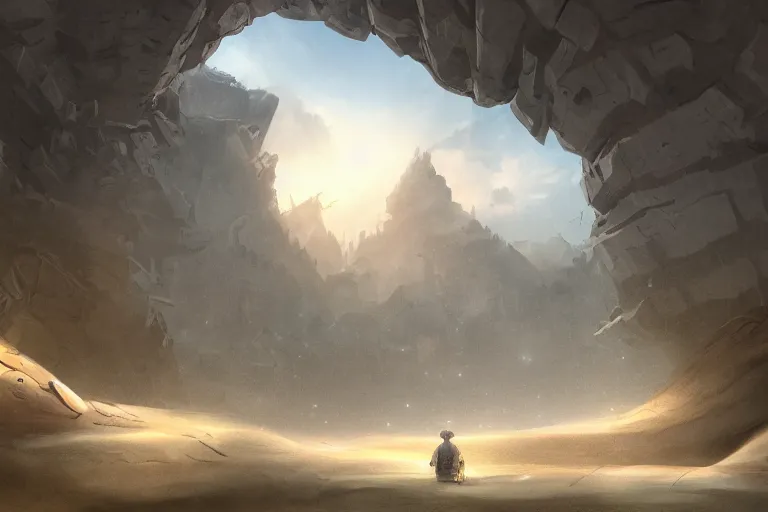 Prompt: a land outside of time and space with floating sands and flying beasts with a Fort in the middle and water tunnels below, a man standing watching over, digital painting, environment art