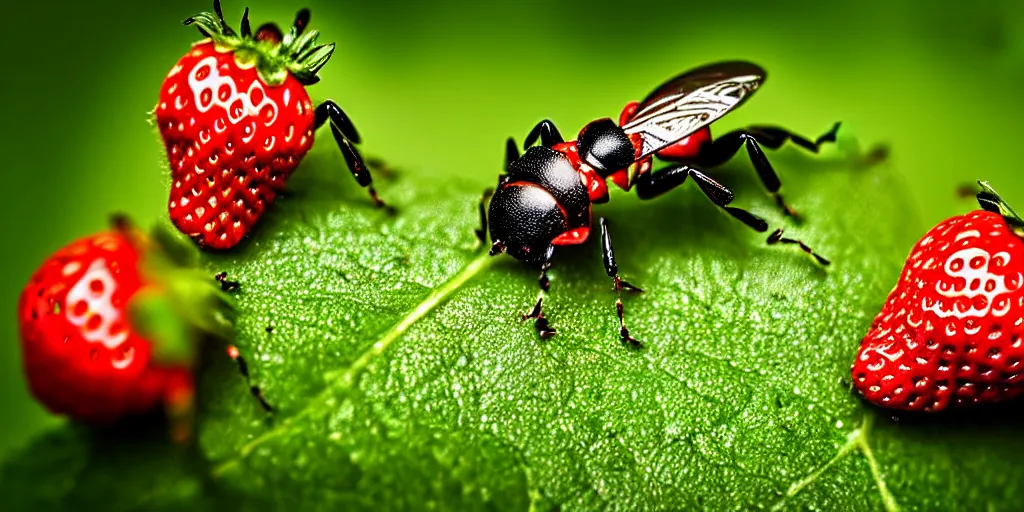 Prompt: macro photorealism, little scarry insects living on strawberry