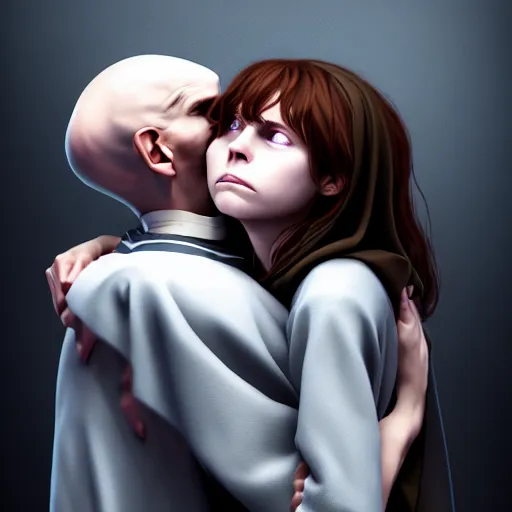 Prompt: voldemort hugging hermione, stylized, artstation, hd, cgsociety, cgi, realistic, dramatic, cinematic, artistic, trending, detailed