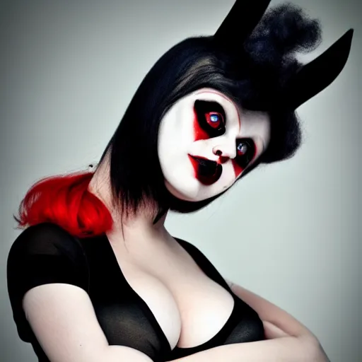 Image similar to A high quality photograph of a goth-clown hybrid with red hair looking sternly, trending on artstation, cute, playboy