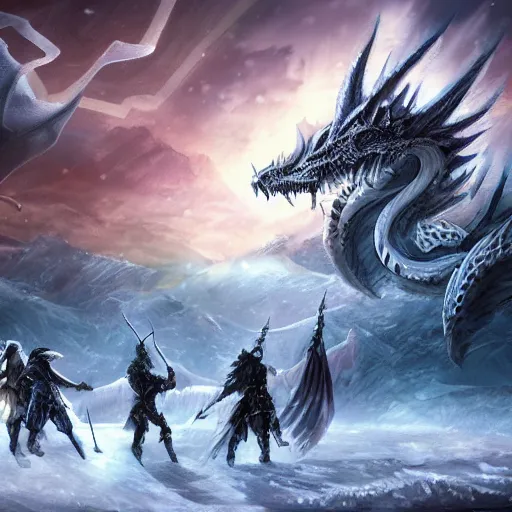 Prompt: a group of heros in a vast snowy landscape fighting a huge white dragon, night with Arora borealis, intricate and vivid detail, fantasy masterpiece, 4k resolution, trending on artstation