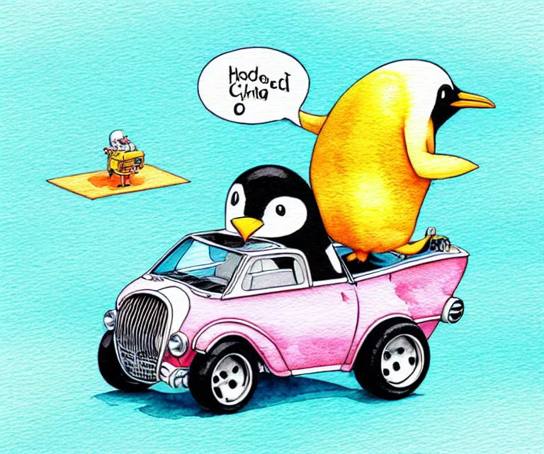 Image similar to cute and funny, penguin riding in a tiny hot rod with an oversized engine, ratfink style by ed roth, centered award winning watercolor pen illustration, isometric illustration by chihiro iwasaki, edited by range murata, tiny details by artgerm and watercolor girl, symmetrically isometrically centered, sharply focused