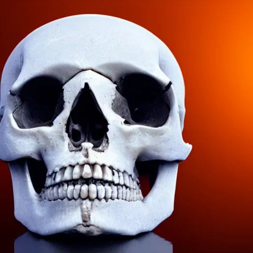 Image similar to real human skull with circular orange light electronic eyes in eye holes