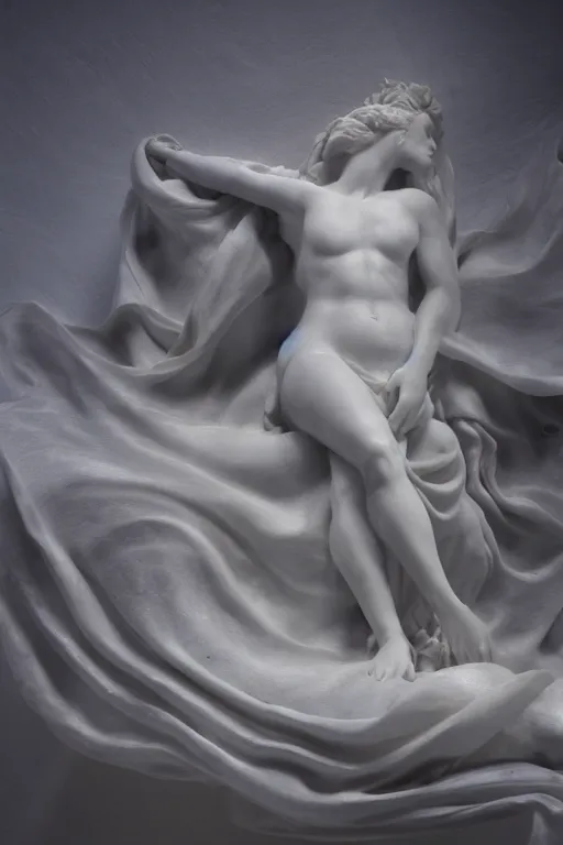 Prompt: Photo of a Marble Sculpture of Aphrodite lying on a silk cloth, fog, volumetric lighting, highly detailed, award winning, trending on artstation.