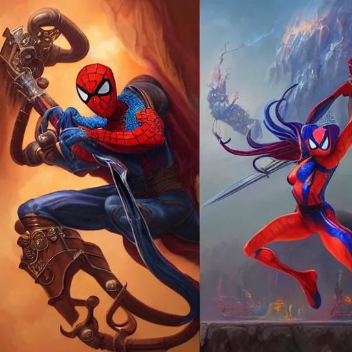 Image similar to anthropomorphic calico spiderman warrior wielding a sword, highly detailed matte fantasy painting, stormy lighting, by ross tran, by artgerm, by lisa frank, by brom, by peter mohrbacher