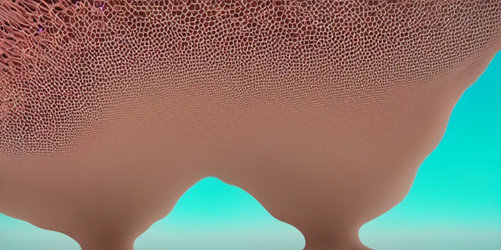 Image similar to biomorphic honeycomb structures by ernesto neto, light - mint with light - pink color, 4 k, insanely quality, highly detailed, film still from the movie directed by denis villeneuve with art direction by zdzisław beksinski, telephoto lens, shallow depth of field