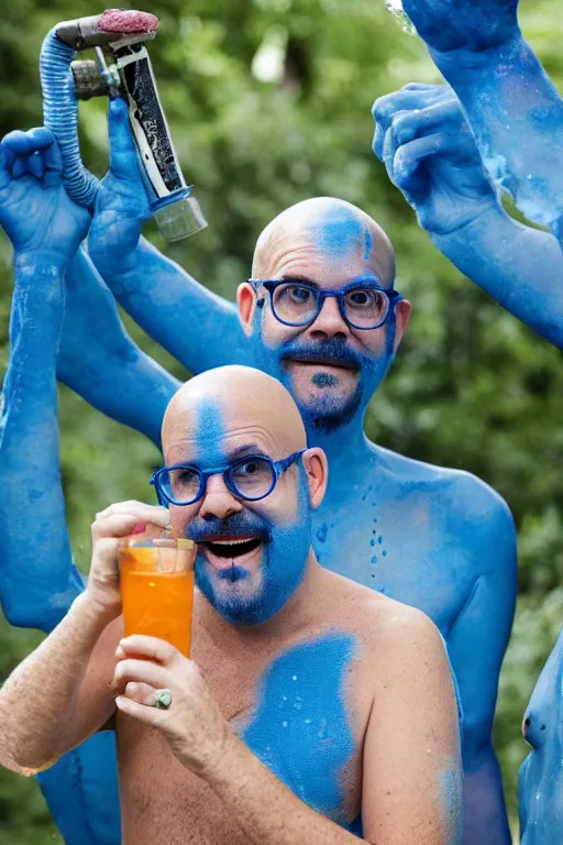 Image similar to David cross as Tobias fünke in blue body paint and cutoffs drinking glitter from a garden hose, highly detailed portrait