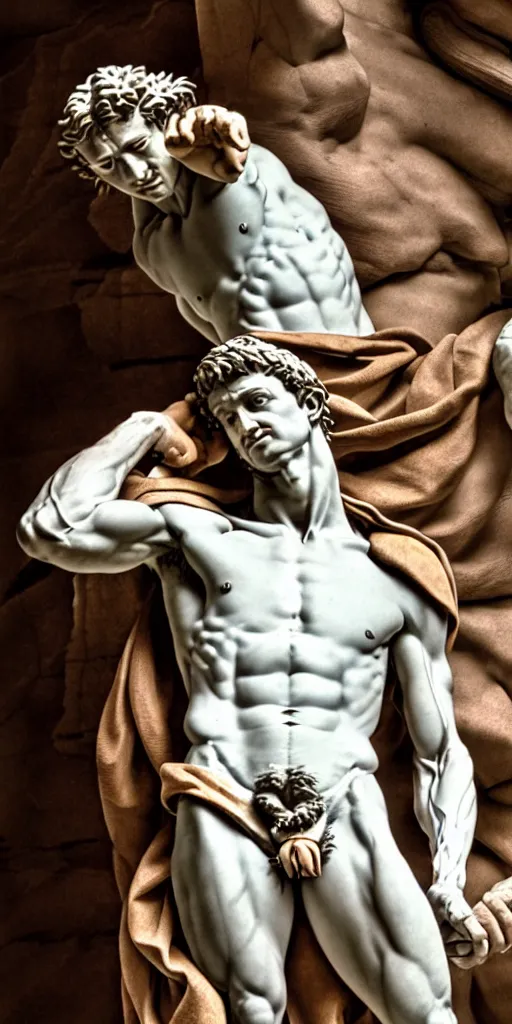 Image similar to 2 3 year old michelangelo carving the the statue of david, photorealistic, hyperdetailed, studio lighting, octane render, caustics