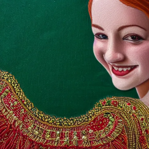 Image similar to Close up of a Highly detailed embroidery painting of a beautiful young woman with red hair, smiling, Thread material, Fabric, gold details, Emeralds, Golden thread, golden details, intricate details, intricate patterns 4k, 8k, HDR