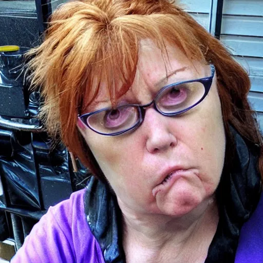 Prompt: photo of crazy karen disapproving of you, scowl