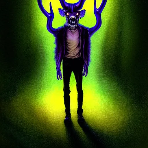 Prompt: Tim Jacobus Goosebumps art painting, artgerm, painting, Wendigo monster with deer skull face, antlers, furry brown body, tall and lanky skinny, walking through a suburb, night time, purple, green and blue colors, bright colors and saturation, ominous lighting, spooky, foggy, fog